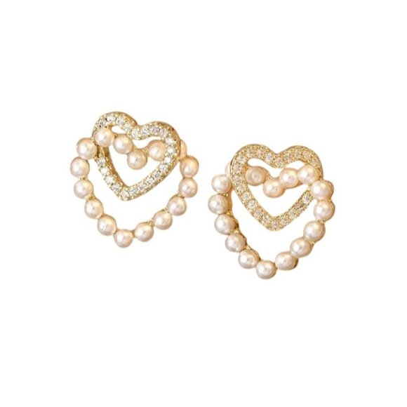 2/$24 Heart-Shaped Pearl & Rhinestone Stud Earrings - Picture 5 of 6